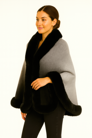 Ombre Faux Fur Trim Cape Wrap - Farnelli
