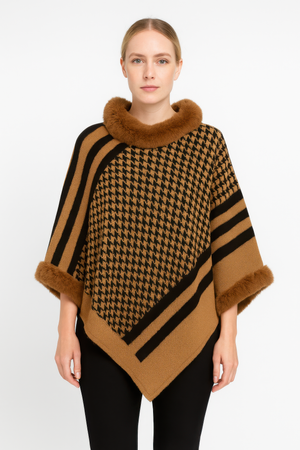 Patterned Knit Poncho With Faux Fur Trim - Farnelli
