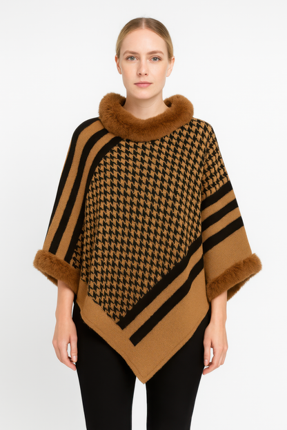 Patterned Knit Poncho With Faux Fur Trim - Farnelli
