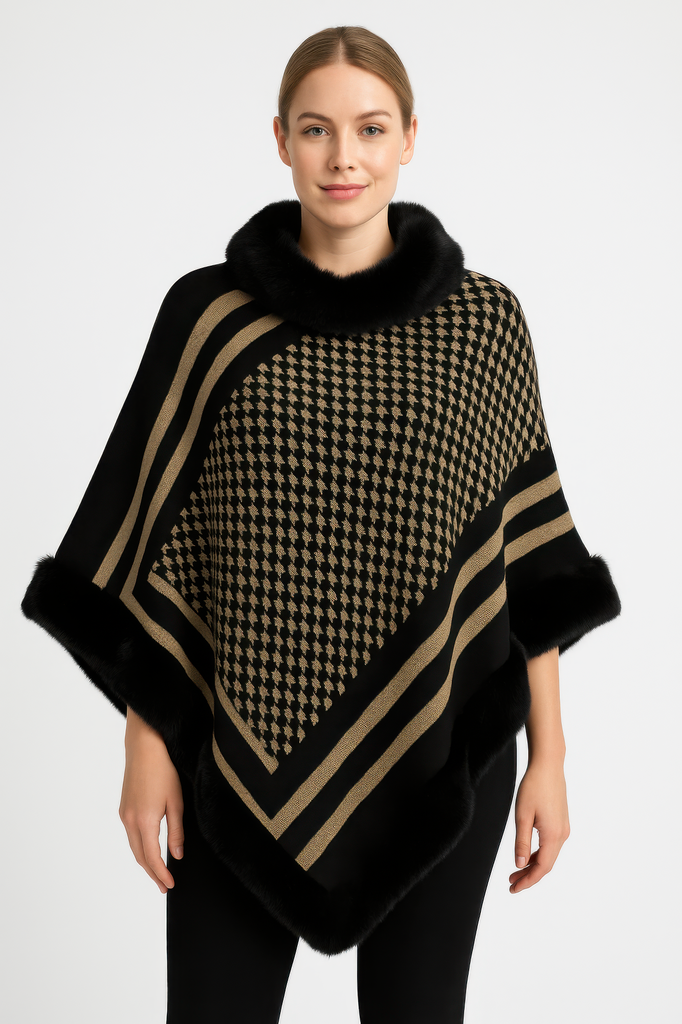Patterned Knit Poncho With Faux Fur Trim - Farnelli