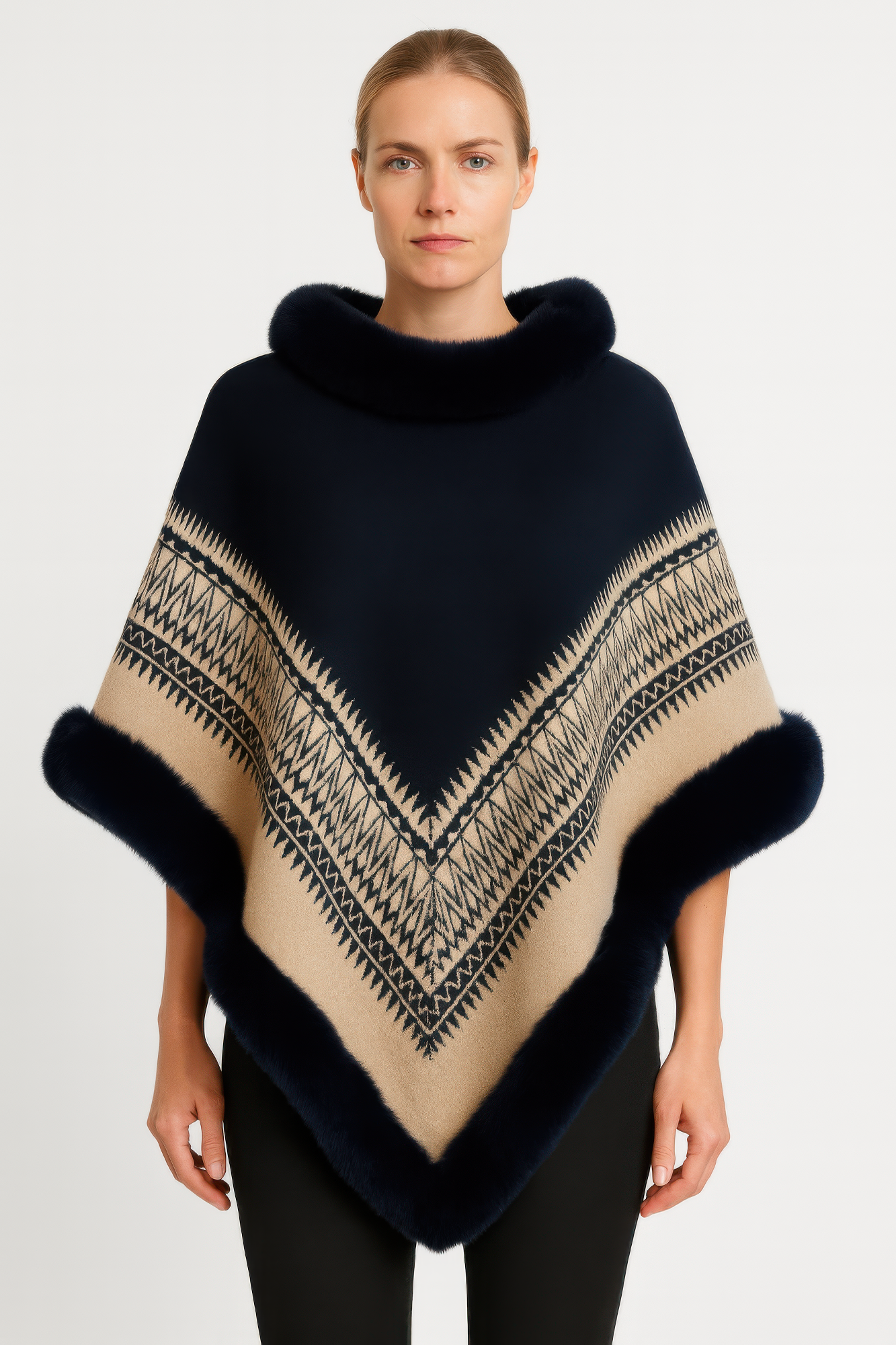 Chevron Trim Poncho With Faux Fur Collar - Farnelli