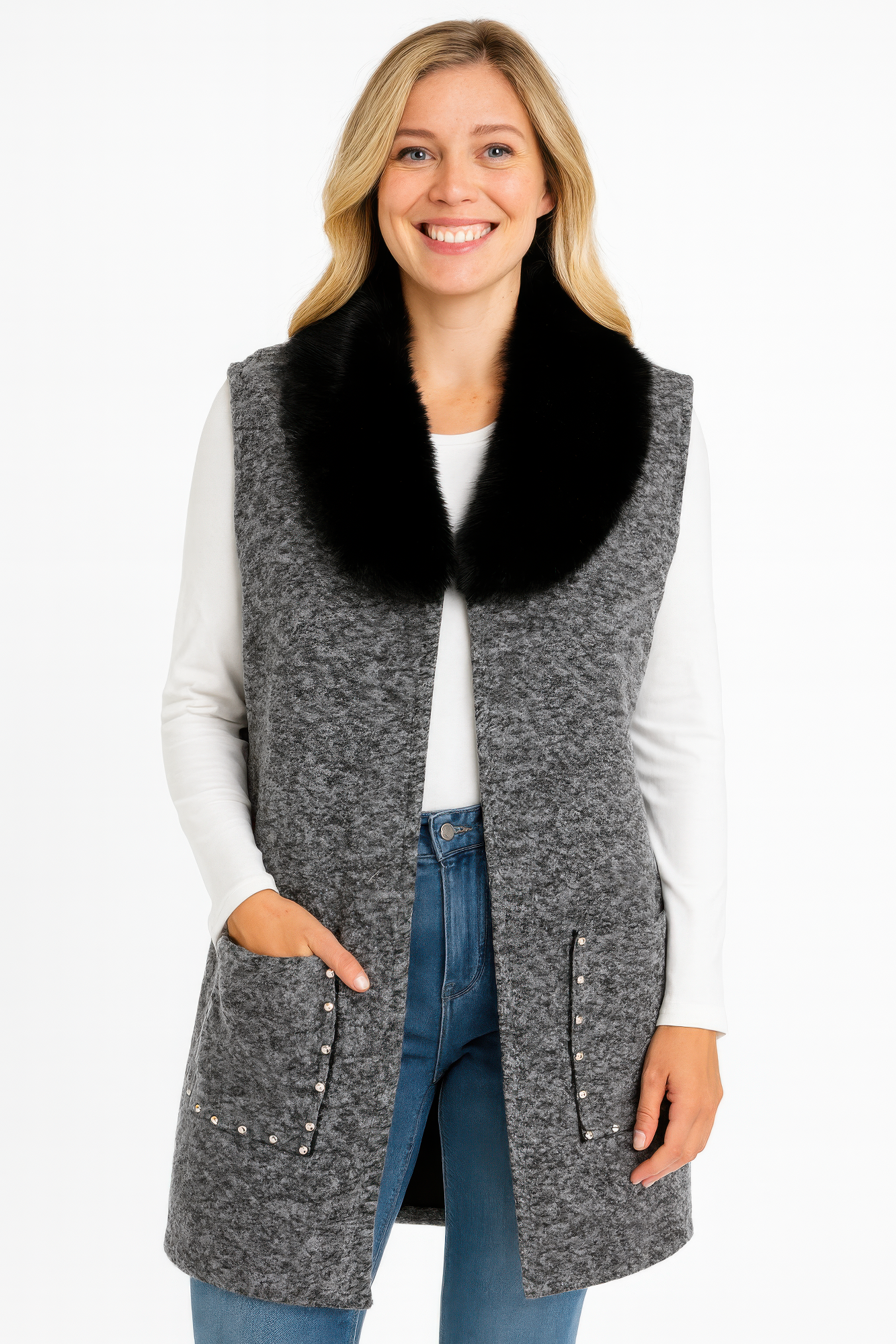 Sleeveless Wool-blend Vest With Faux Fur Collar - Farnelli
