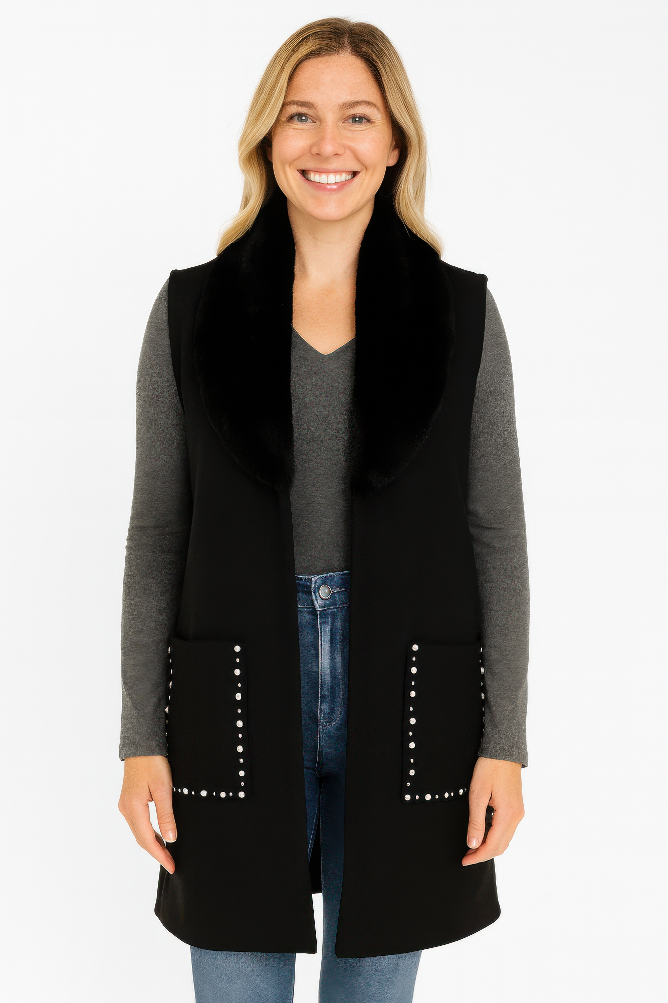 Sleeveless Wool-blend Vest With Faux Fur Collar - Farnelli