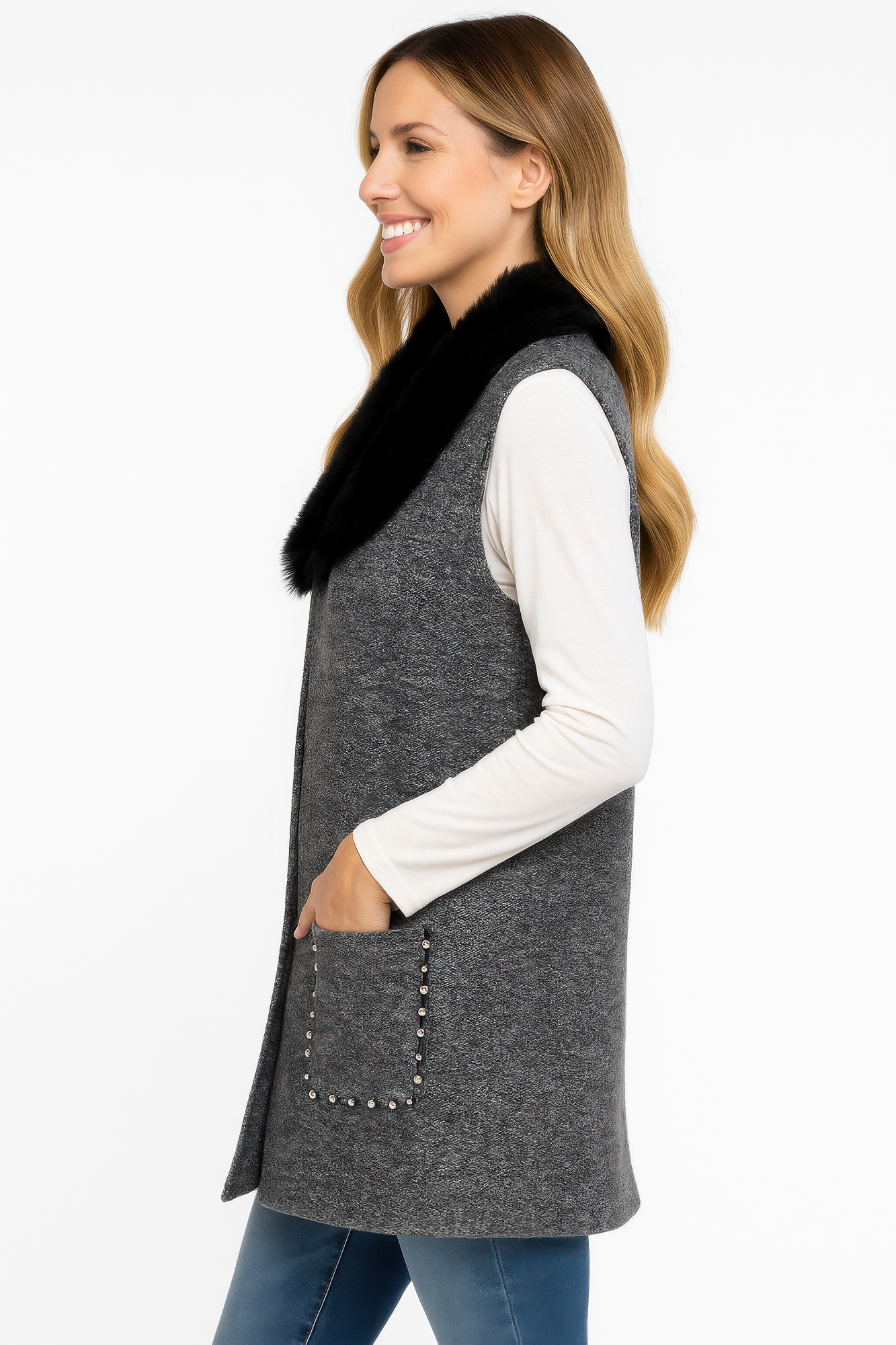 Sleeveless Wool-blend Vest With Faux Fur Collar - Farnelli