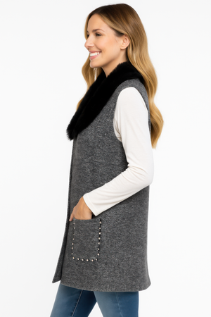 Sleeveless Wool-blend Vest With Faux Fur Collar - Farnelli