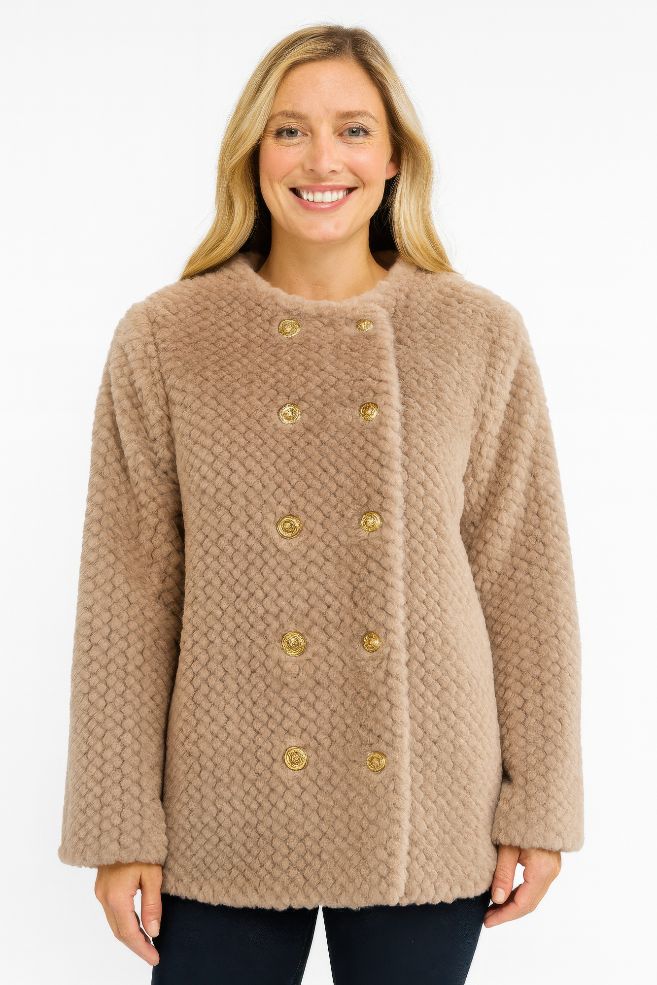 Textured Double-breasted Faux Shearling Jacket - Farnelli