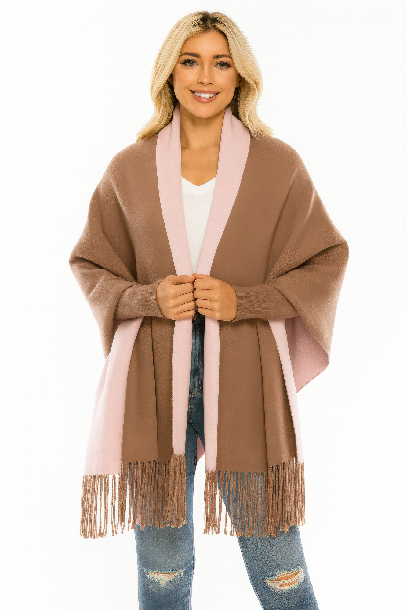 Colorblock Fringe-trimmed Open Wrap - Farnelli