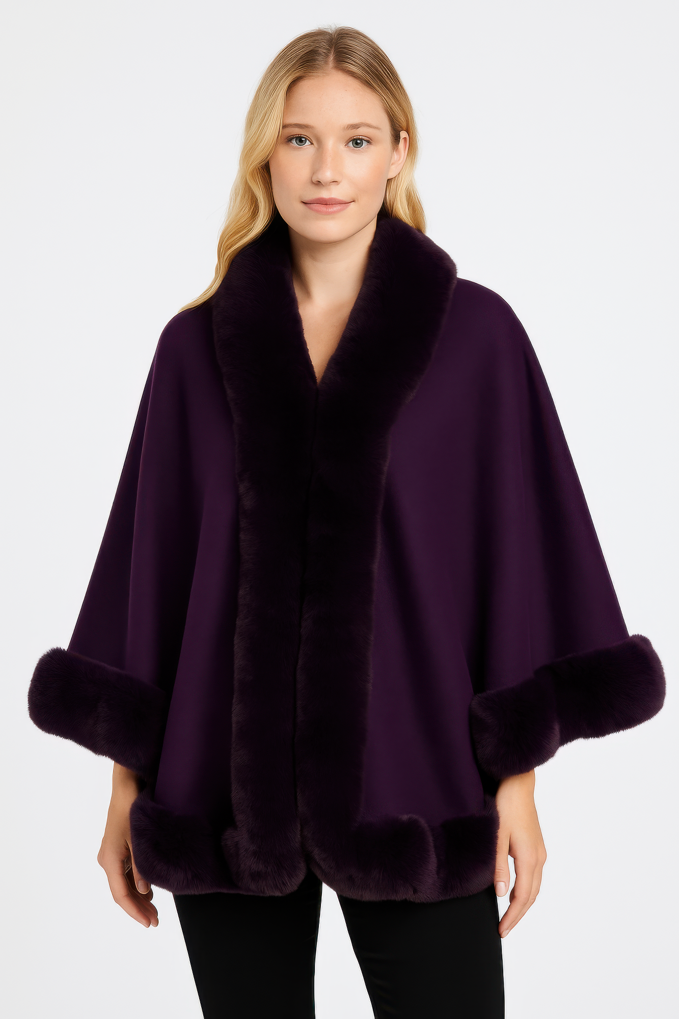 Faux Fur Trim Open-front Cape Jacket - Farnelli