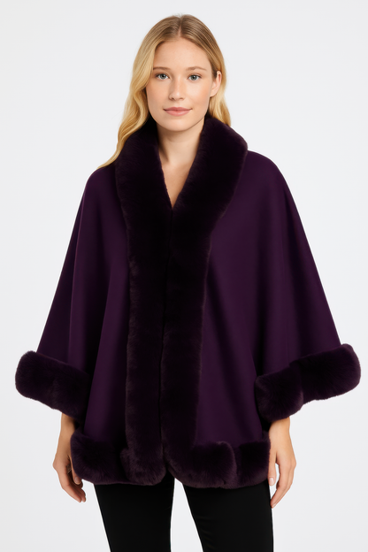 Faux Fur Trim Open-front Cape Jacket - Farnelli