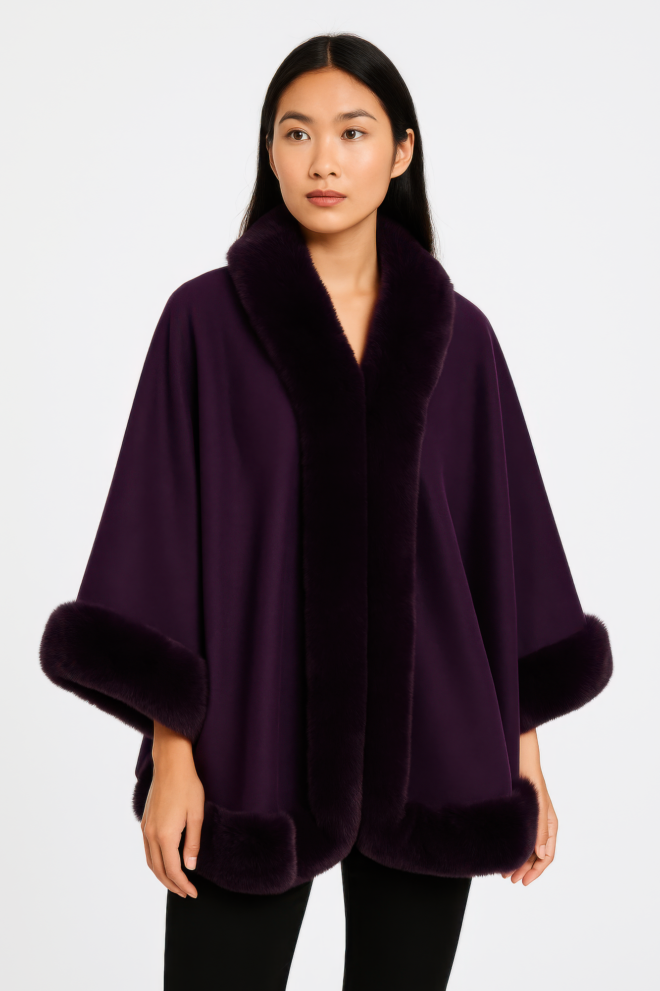 Faux Fur Trim Open-front Cape Jacket - Farnelli