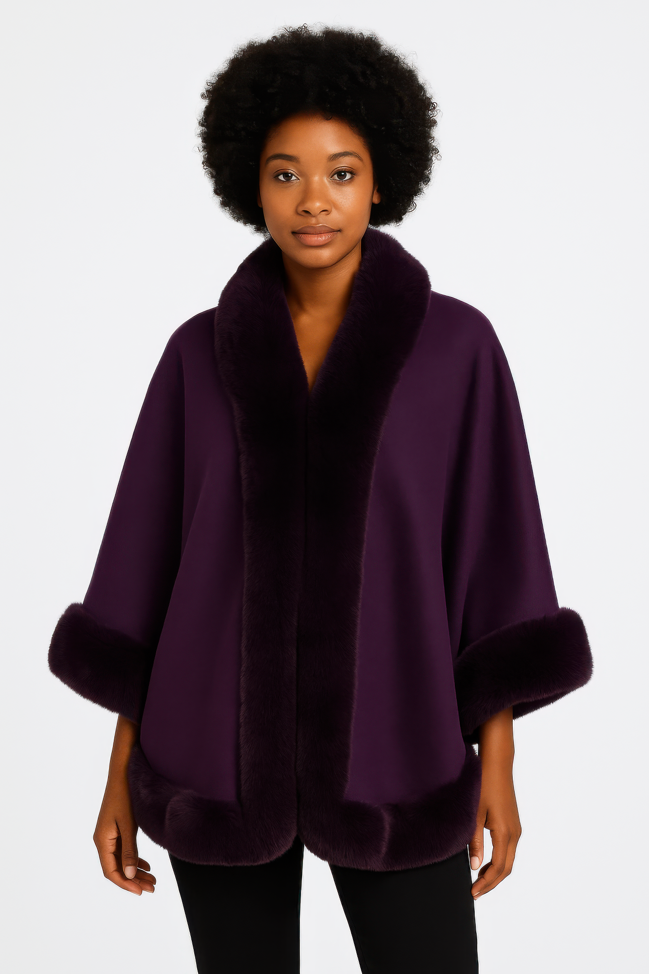 Faux Fur Trim Open-front Cape Jacket - Farnelli