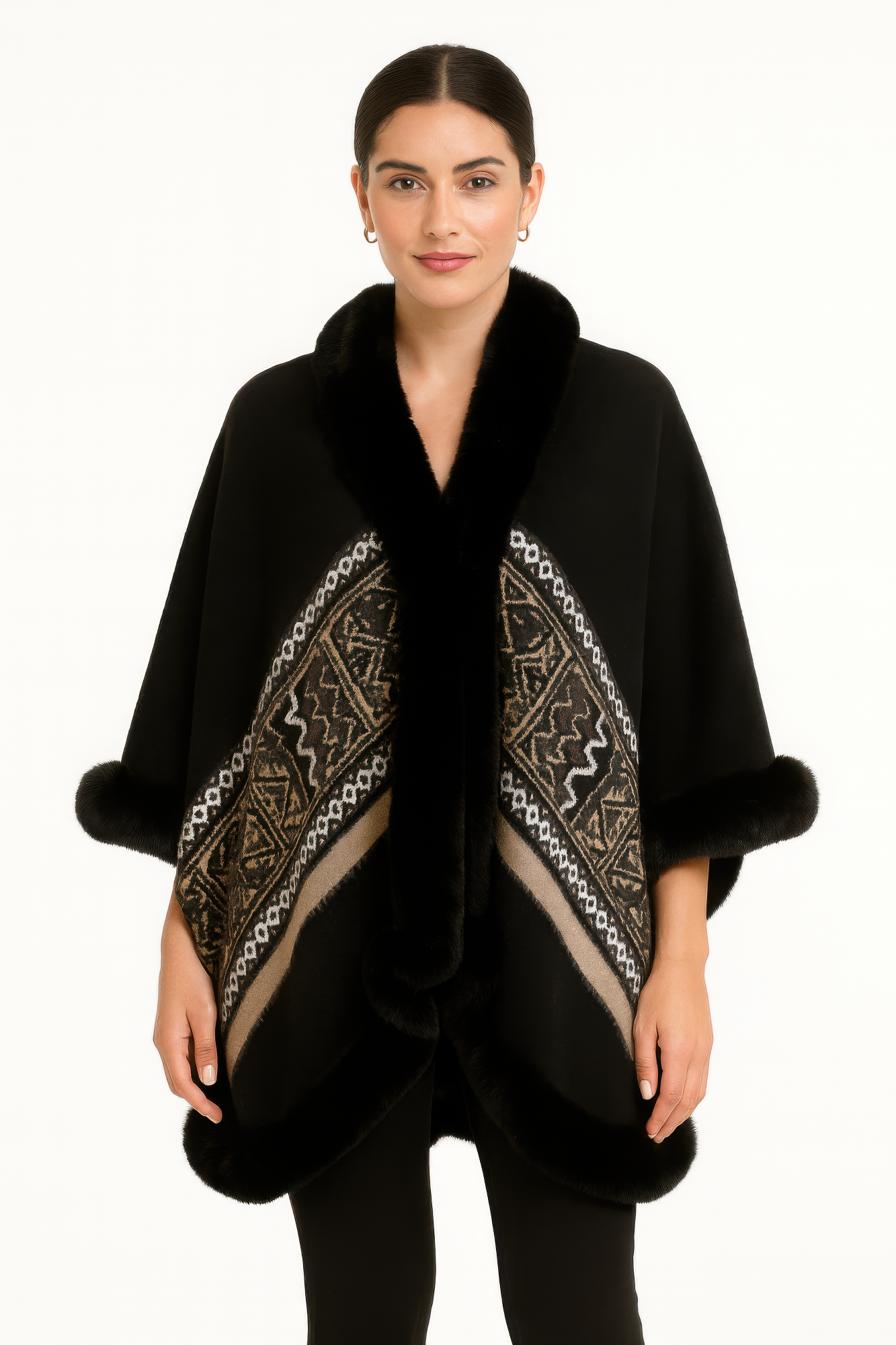 Black Geometric Border Faux Fur Trim Cape - Farnelli