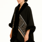 Black Geometric Border Faux Fur Trim Cape - Farnelli