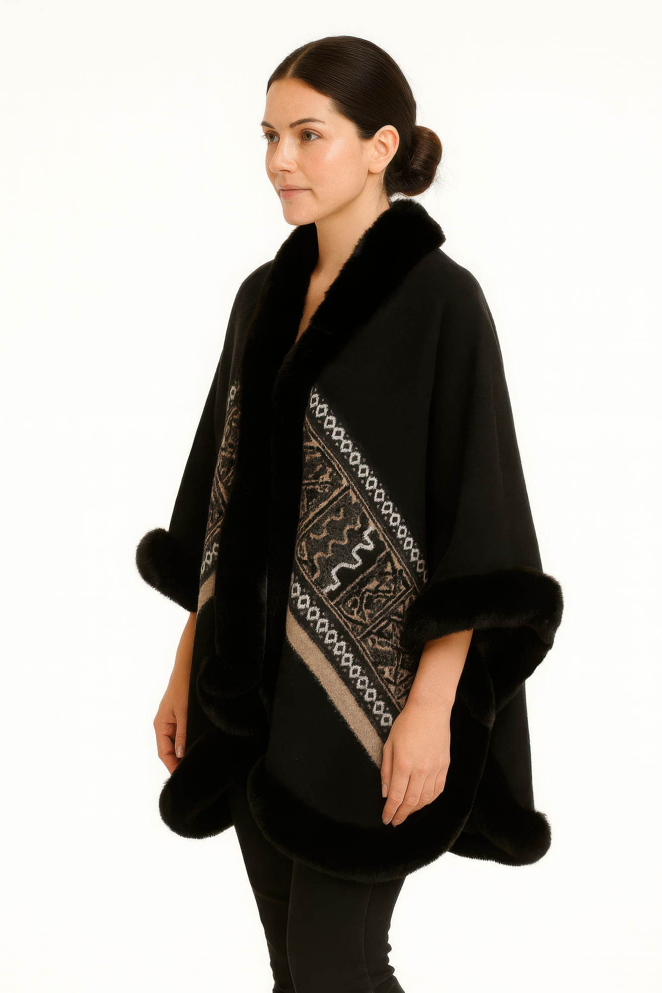 Black Geometric Border Faux Fur Trim Cape - Farnelli