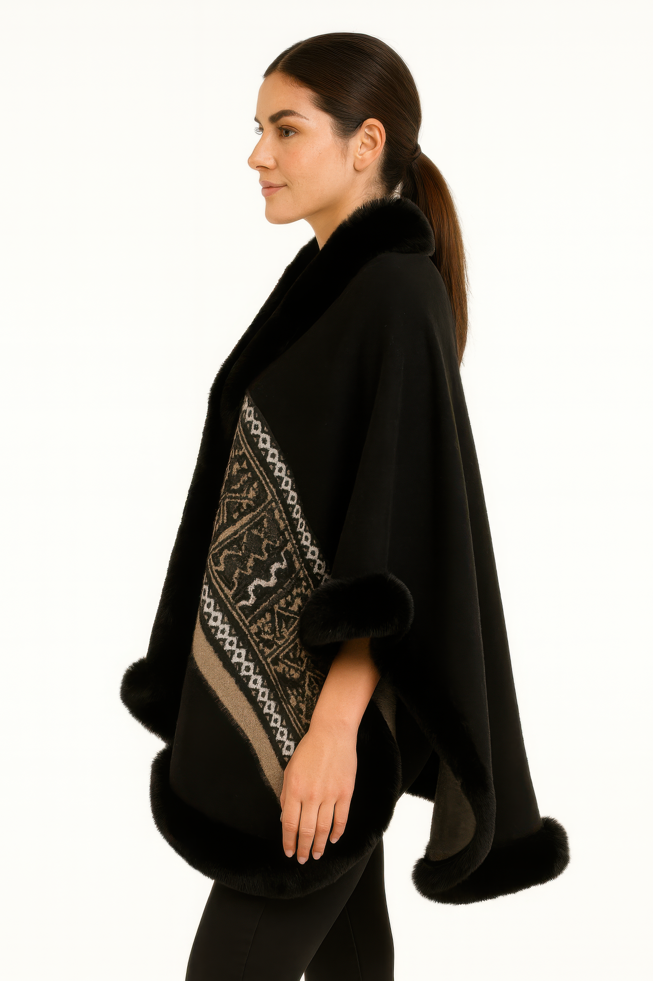 Black Geometric Border Faux Fur Trim Cape - Farnelli