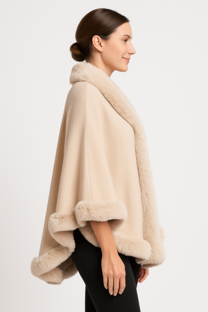 Crimson Elegance Faux Fur Trim Cape - Farnelli