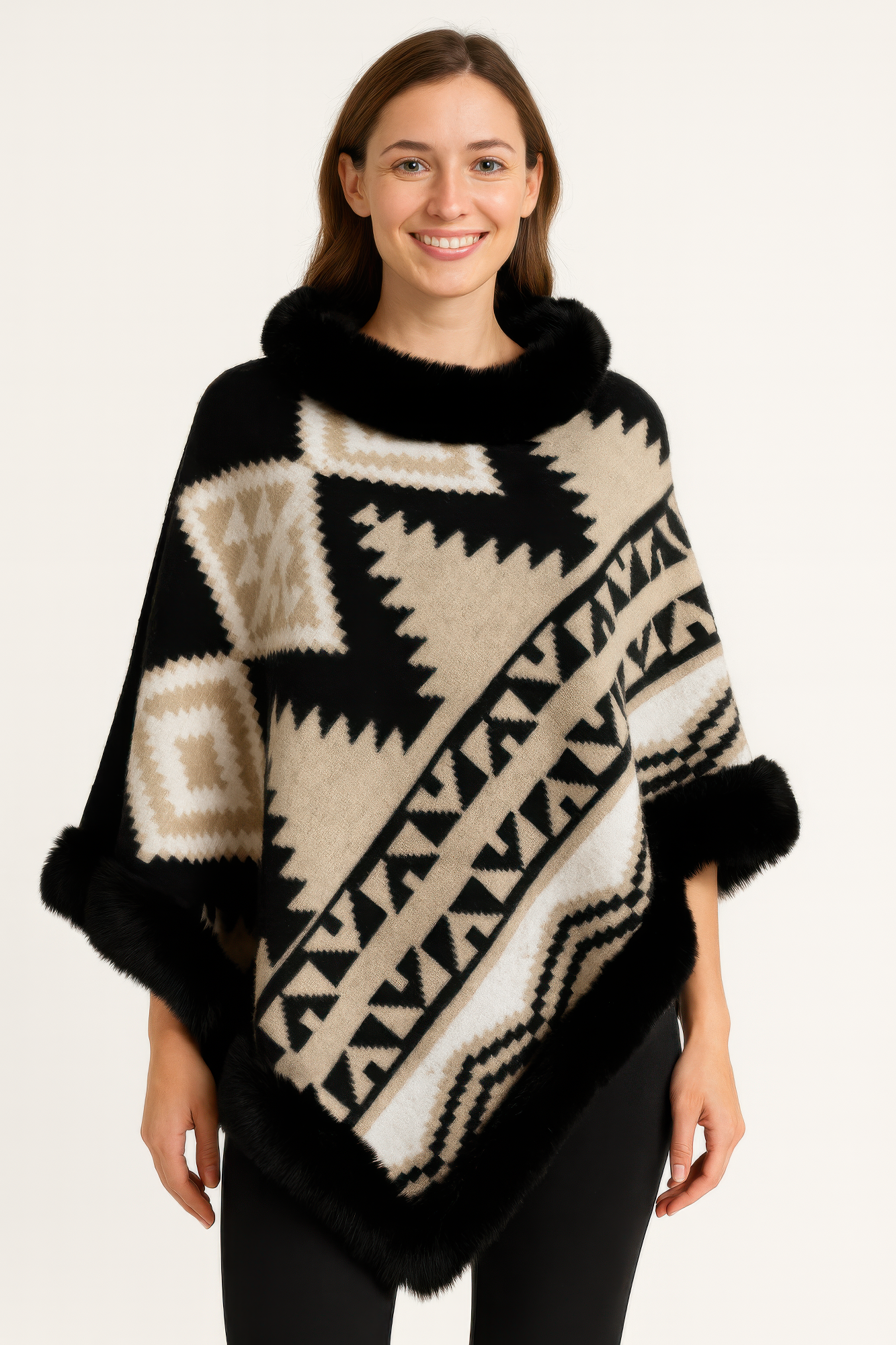 Tribal Luxe Faux Fur Trim Poncho - Farnelli