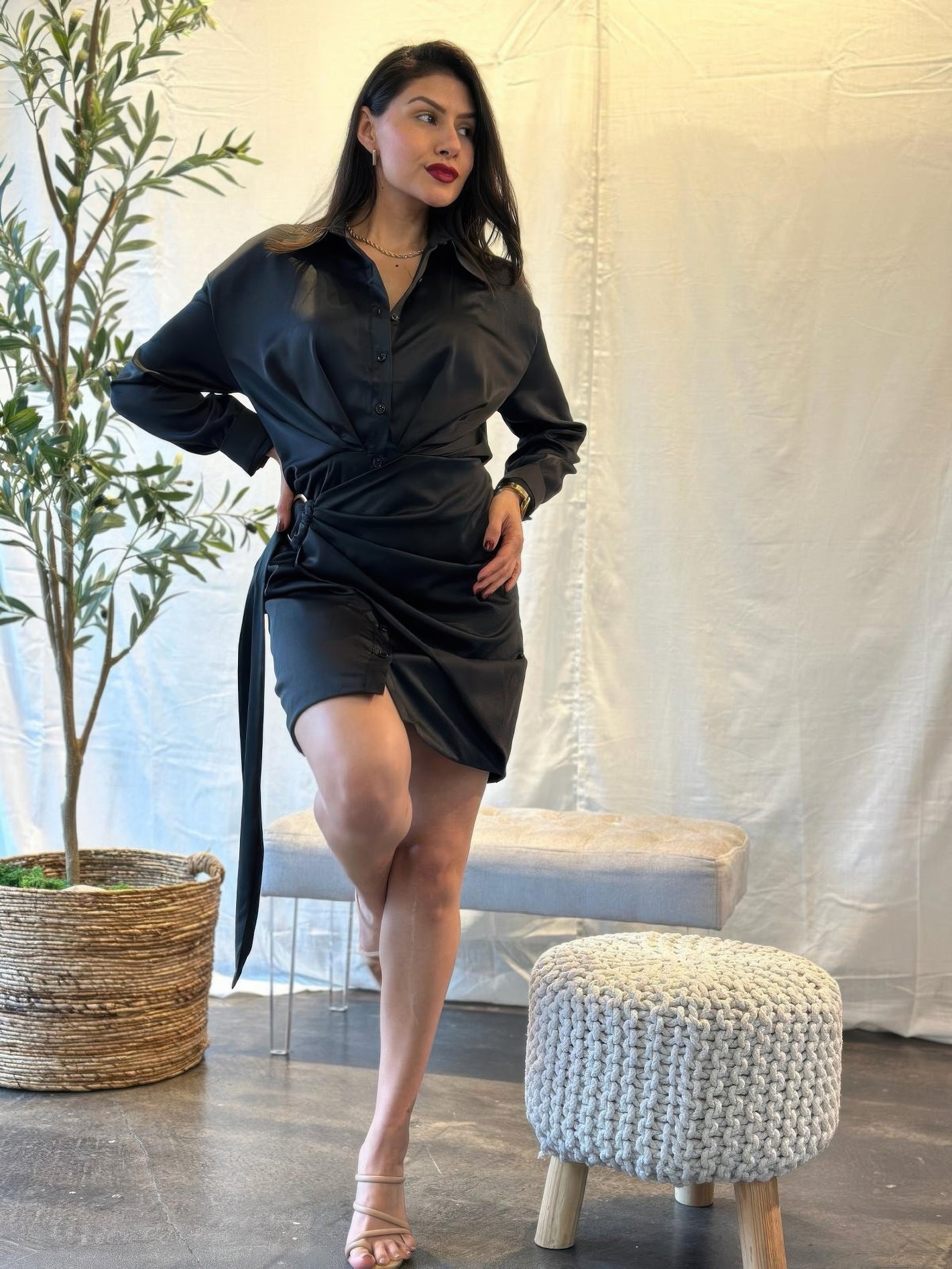 Wrap Satin Long Sleeve Button Down Mini Dress - Farnelli