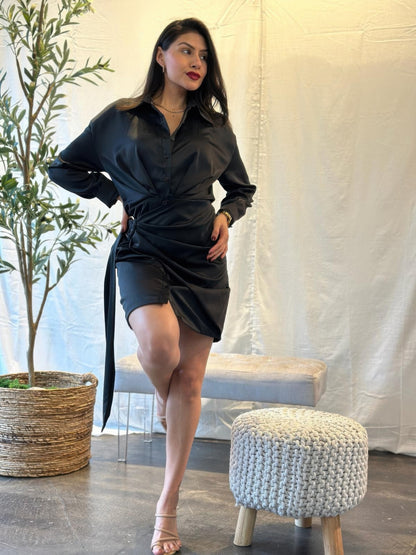 Wrap Satin Long Sleeve Button Down Mini Dress - Farnelli