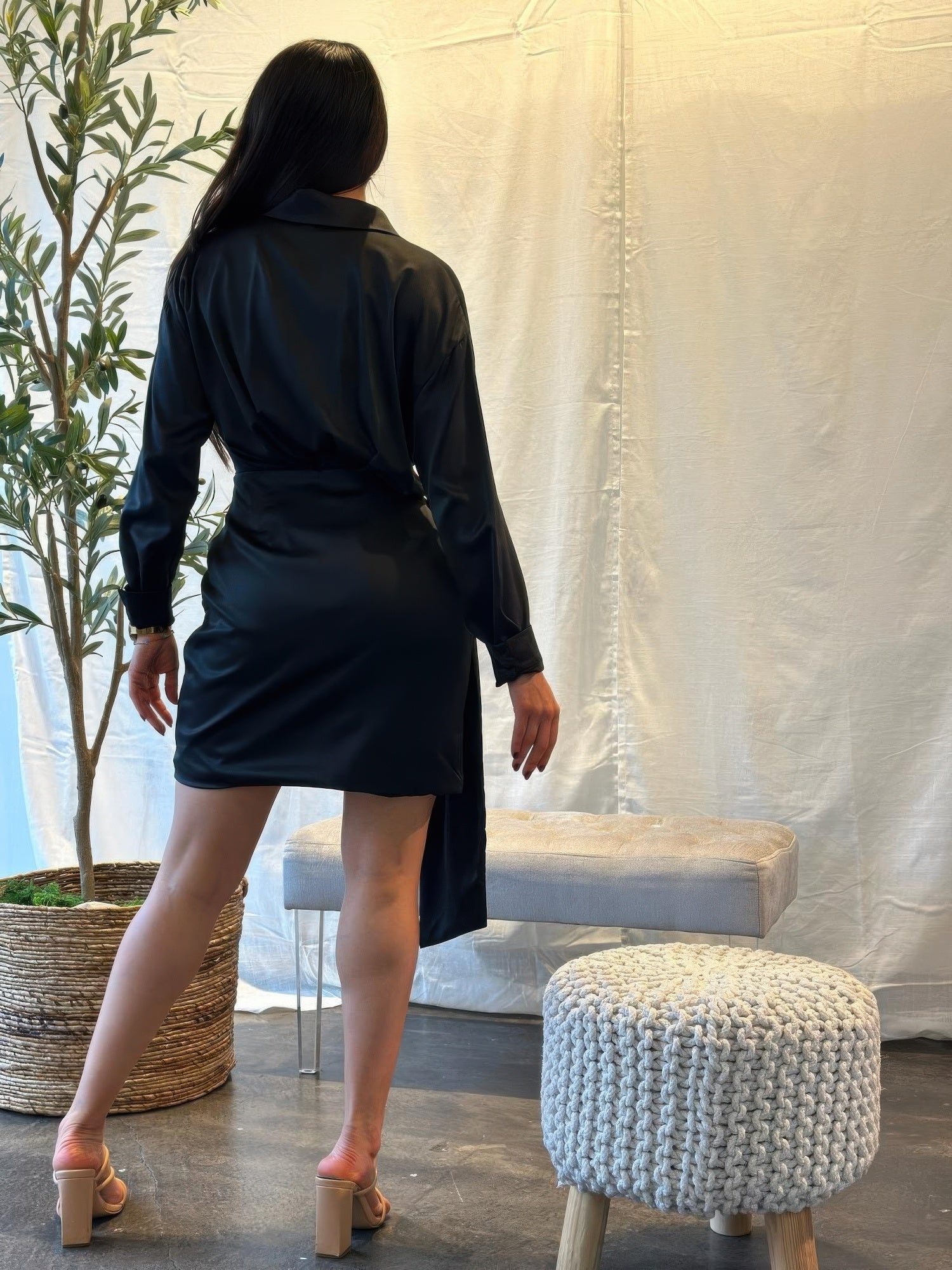 Wrap Satin Long Sleeve Button Down Mini Dress - Farnelli