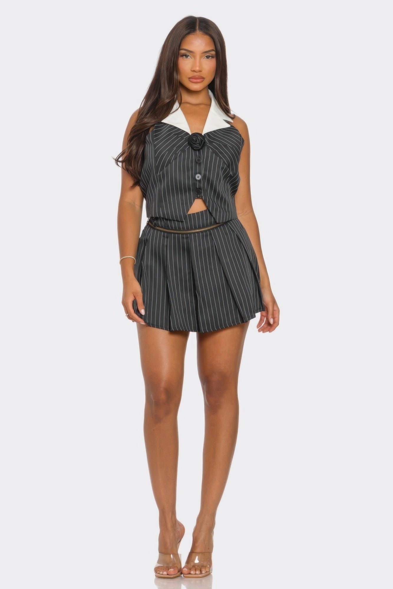Collared Vest Pleated Skort Set - Farnelli