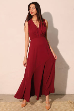 Textured Solid V-neck Maxi Dress - Farnelli
