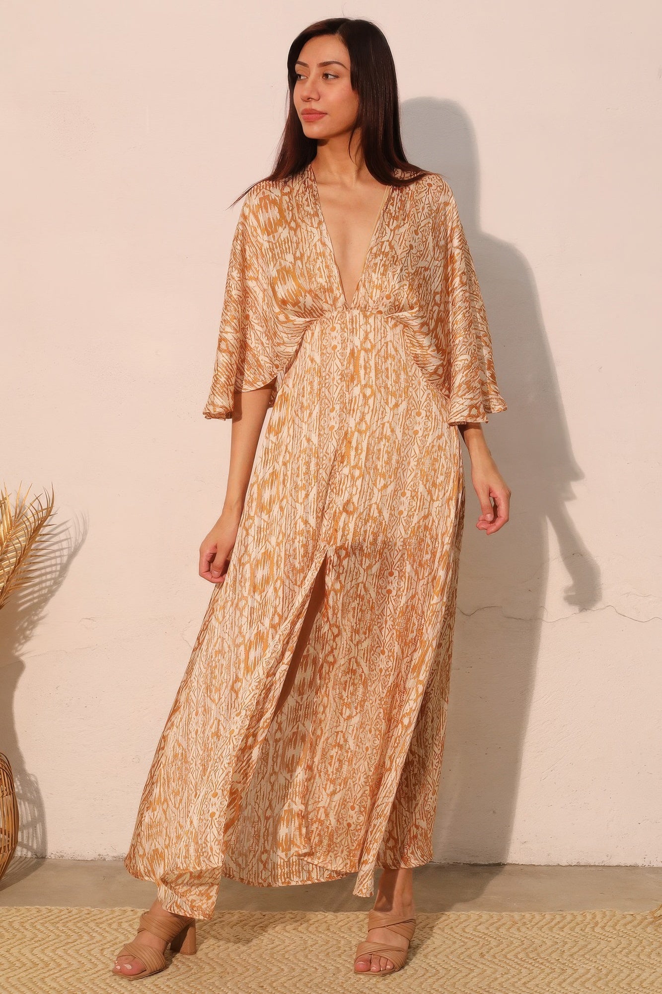 Bohemian Lurex Chiffon Cape Maxi Dress - Farnelli