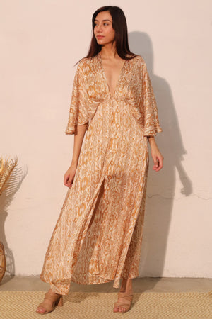 Bohemian Lurex Chiffon Cape Maxi Dress - Farnelli