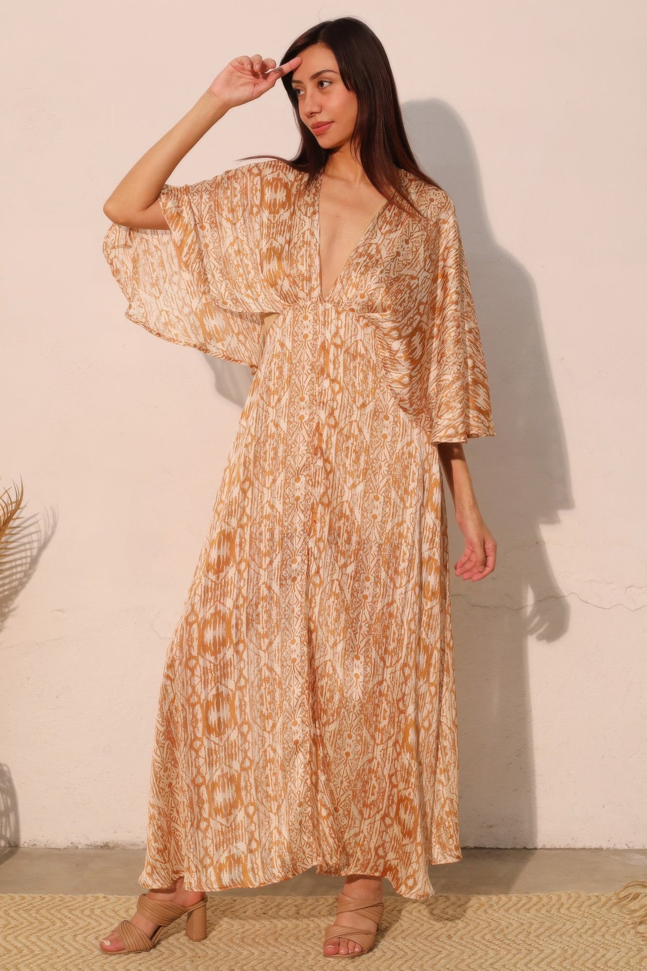 Bohemian Lurex Chiffon Cape Maxi Dress - Farnelli