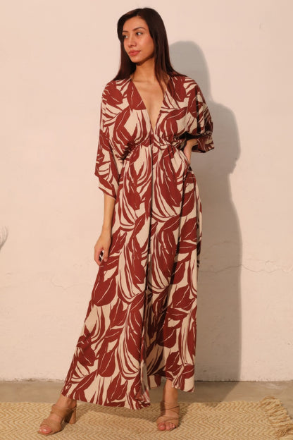 Lucca Leaf Kimono Maxi Dress - Farnelli