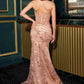 Ladivine CC8251 Strapless Fitted Gown V-neckline Linear Beaded Motif
