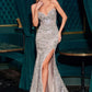 Ladivine CC8251 Strapless Fitted Gown V-neckline Linear Beaded Motif