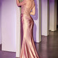 Ladivine CC8884 Dress Fitted Rose Gold Satin Gown With Beaded Bodice