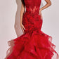 Ladivine CC8915 Long Rose Lace Applique Tiered Skirt Mermaid Dress