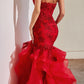 Ladivine CC8915 Long Rose Lace Applique Tiered Skirt Mermaid Dress