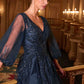 Ladivine CD0101 V-Neckline Long Sleeves Layered Tulle Skirt A-Line Gown