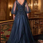 Ladivine CD0101 V-Neckline Long Sleeves Layered Tulle Skirt A-Line Gown