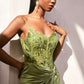 Ladivine CD0176 Long Fitted Satin Gown Sheer Embellished Boned Bodice