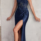 Ladivine CD0176 Long Fitted Satin Gown Sheer Embellished Boned Bodice