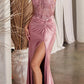 Ladivine CD0176 Long Fitted Satin Gown Sheer Embellished Boned Bodice