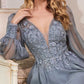 Cinderella Divine CD0183 Puff Long Sleeve Chiffon Formal Gown