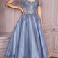 Cinderella Divine CD0187 Tea Length Layered Tulle Dress with Short Puff Sleeves
