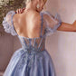 Cinderella Divine CD0187 Tea Length Layered Tulle Dress with Short Puff Sleeves