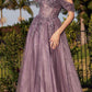 Cinderella Divine CD0198 Long Lace A-Line Gown with Off the Shoulder Sleeves