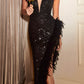 Cinderella Divine CD229 One-of-A-Kind High Low Sequin Formal Gown with Feathers