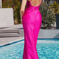 Cinderella Divine CD287 Long Asymmetrical Stretch Satin Glitter Gown