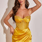 Ladivine CD295 Long Daisy Motif Embellished Bodice Satin Corset Gown
