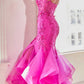 Ladivine CD331 Long Fuchsia Mermaid Embellished Ruffle Skirt Gown