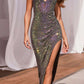 Ladivine CD339 Long Fitted Halter Hot Stone Mesh Dress