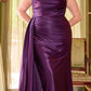 Ladivine CD349C Long Side Sash Overlay Fitted Stretch Satin Gown